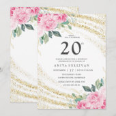 Gouden Glitter Roze Roos 20e Verjaardag Kaart (Voorkant / Achterkant)