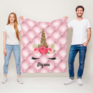 Gouden Glitter & Roze Rozen Eenhoorn Meisje Trendy Fleece Deken