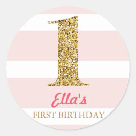 Gouden Glitter & Roze Streep Eerste Verjaardag Sti Ronde Sticker