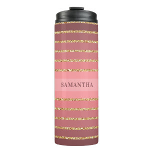 Gouden Glitter Roze Streep Patroon Naam Thermosbeker