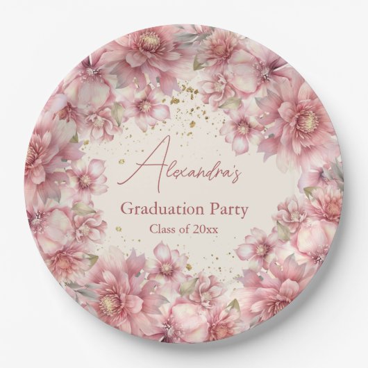 Gouden glitter roze waterverf bloemenafstuderen papieren bordje (Voorkant)