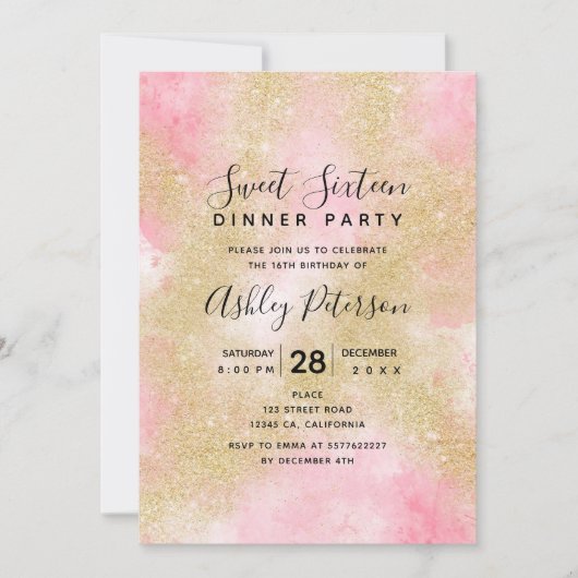 Gouden glitter roze waterverf script Sweet 16 Kaart (Voorkant)