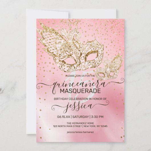Gouden Glitter Roze Zijde Masquerade Quinceañera Kaart (Voorkant)