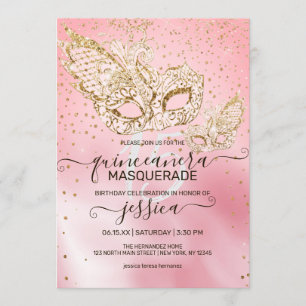 Gouden Glitter Roze Zijde Masquerade Quinceañera Kaart
