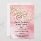 Gouden Glitter Roze Zijde Masquerade Sweet 16 Kaart (Voorkant)
