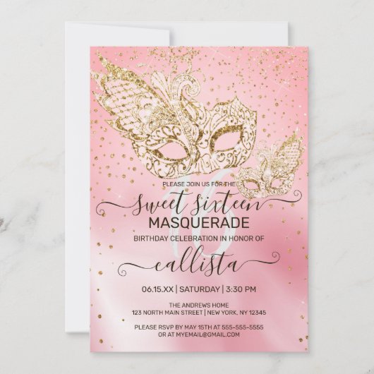 Gouden Glitter Roze Zijde Masquerade Sweet 16 Kaart (Voorkant)