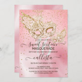 Gouden Glitter Roze Zijde Masquerade Sweet 16 Kaart (Voorkant / Achterkant)