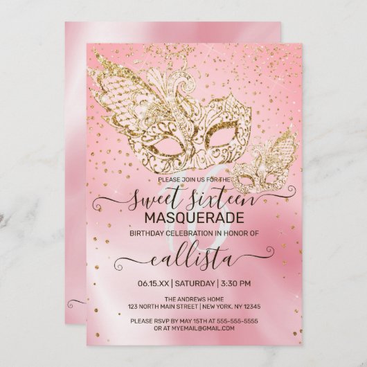 Gouden Glitter Roze Zijde Masquerade Sweet 16 Kaart (Voorkant / Achterkant)