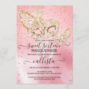 Gouden Glitter Roze Zijde Masquerade Sweet 16 Kaart