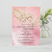 Gouden Glitter Roze Zijden Maskerade Verjaardag Kaart (Staand voorkant)