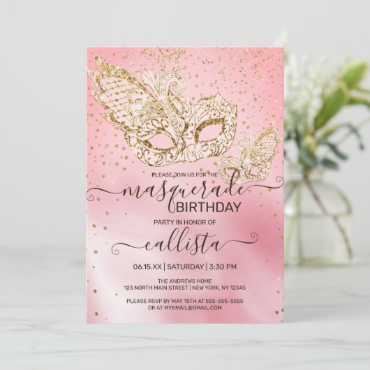 Gouden Glitter Roze Zijden Maskerade Verjaardag Kaart (Staand voorkant)