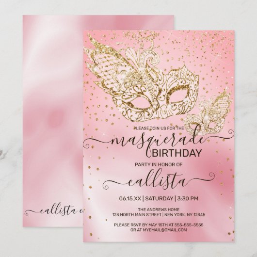 Gouden Glitter Roze Zijden Maskerade Verjaardag Kaart (Voorkant / Achterkant)