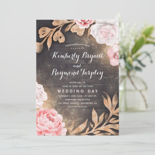 Gouden Glitter | Rustiek land bloemenbruiloft Kaart (Staand voorkant)