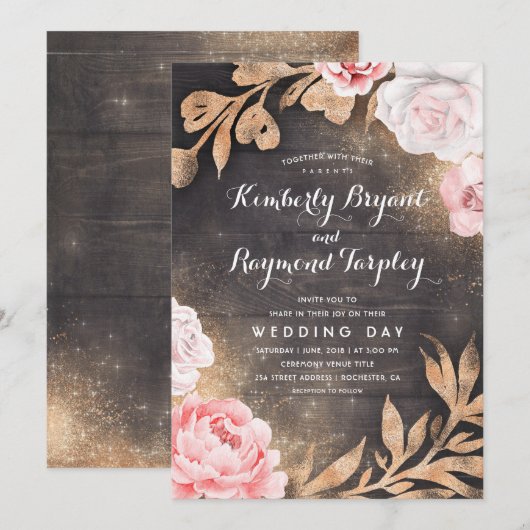 Gouden Glitter | Rustiek land bloemenbruiloft Kaart (Voorkant / Achterkant)