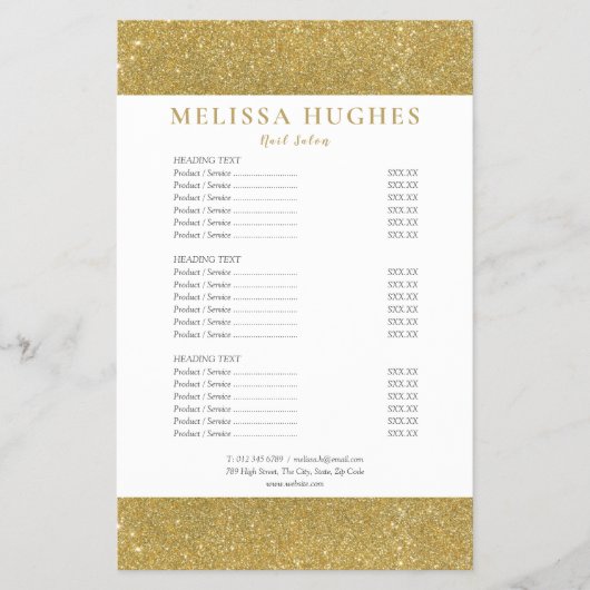 Gouden Glitter Salon Service Menu (Voorkant)