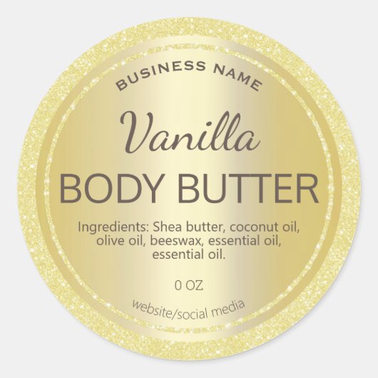 Gouden Glitter Satijn Body Butter Labels (Voorkant)