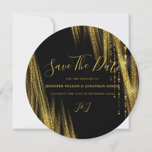 Gouden Glitter Save the date Zwarte Uitnodiging (Voorkant)