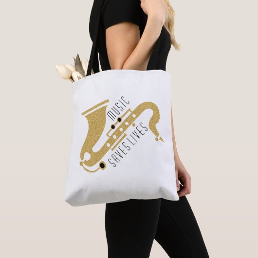 Gouden Glitter Saxophon Illustratie Aangepaste tek Tote Bag (Dichtbij)