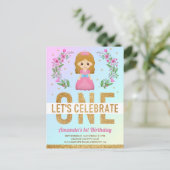 Gouden Glitter Schattige Roze Prinses 1e Verjaarda Uitnodiging Briefkaart (Staand voorkant)