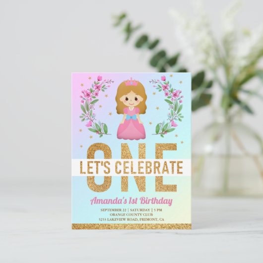 Gouden Glitter Schattige Roze Prinses 1e Verjaarda Uitnodiging Briefkaart (Staand voorkant)