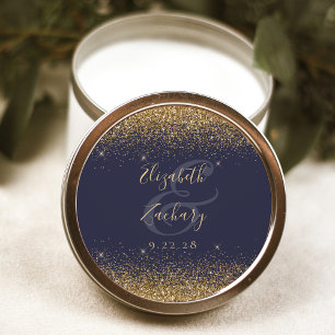 Gouden Glitter Schrift Donkerblauwe Huwelijk Ronde Sticker