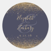 Gouden Glitter Schrift Donkerblauwe Huwelijk Ronde Sticker (Voorkant)