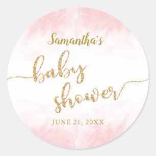 Gouden Glitter Schrift Roze Waterverf Baby Borrel Ronde Sticker