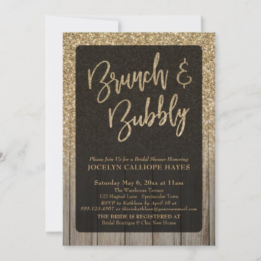 Gouden Glitter Schuur Hout Brunch & Bubbly Kaart (Voorkant)