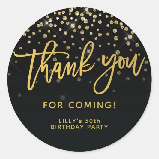 Gouden Glitter Script Bedankt voor het komen Verja Ronde Sticker (Voorkant)