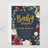 Gouden glitter script bordeaux Navy baby shower Kaart (Voorkant)