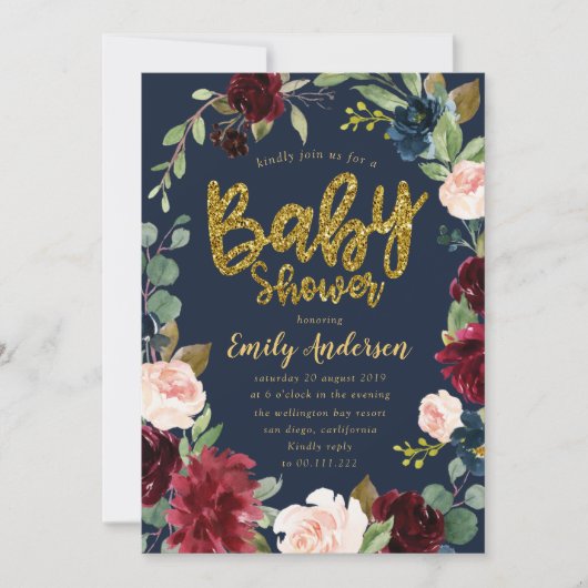 Gouden glitter script bordeaux Navy baby shower Kaart (Voorkant)