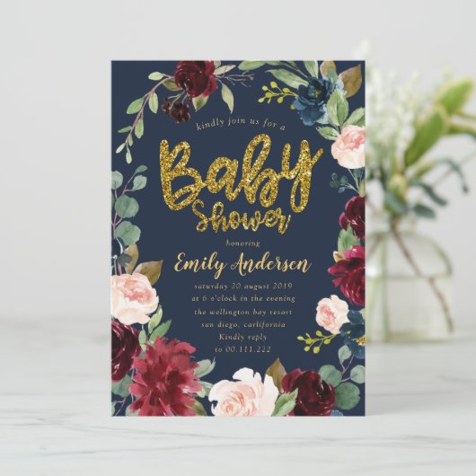 Gouden glitter script bordeaux Navy baby shower Kaart (Staand voorkant)