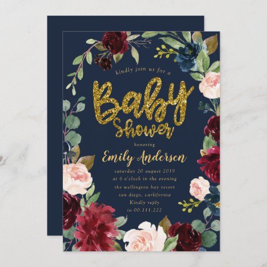 Gouden glitter script bordeaux Navy baby shower Kaart (Voorkant / Achterkant)