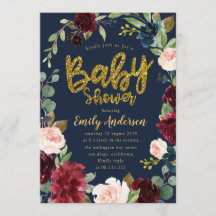 Gouden glitter script bordeaux Navy baby shower