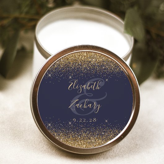 Gouden Glitter Script Donkerblauwe bruiloft Ronde Sticker