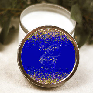 Gouden Glitter Script Koningsblauw Huwelijk Ronde Sticker