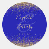Gouden Glitter Script Koningsblauw Huwelijk Ronde Sticker (Voorkant)