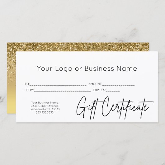 Gouden Glitter Script Logo Zakelijk Cadeaubon (Voorkant / Achterkant)