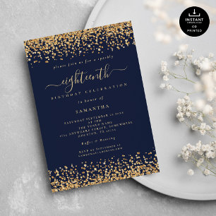 Gouden Glitter Script Marine Blauw Glam 18e Partij Kaart