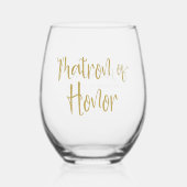 Gouden Glitter Script Naam Datum Matron of Honor G Wijnglas Zonder Voet (Voorkant)