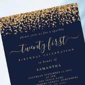 Gouden Glitter Script Navy Blauw Glam 21st Party Kaart
