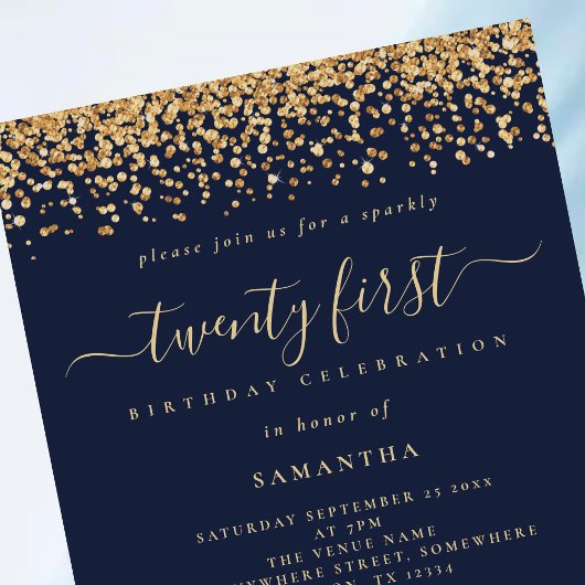 Gouden Glitter Script Navy Blauw Glam 21st Party Kaart