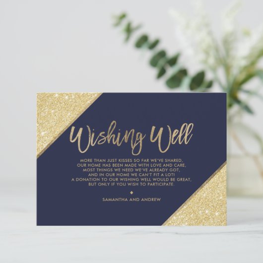 Gouden glitter script navy blauw wensend goed informatiekaartje (Staand voorkant)
