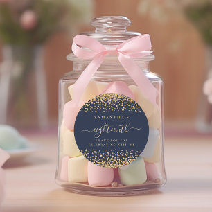 Gouden Glitter Script Navy Blue 18e Party Dank je Ronde Sticker