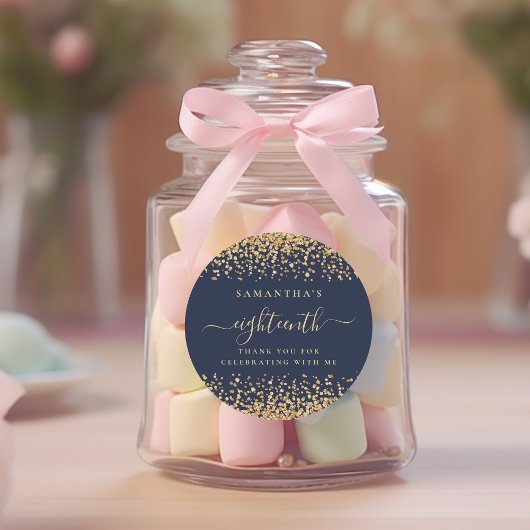 Gouden Glitter Script Navy Blue 18e Party Dank je Ronde Sticker