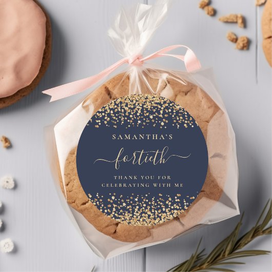 Gouden Glitter Script Navy Blue 40th Party Dank je Ronde Sticker