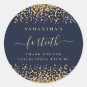 Gouden Glitter Script Navy Blue 40th Party Dank je Ronde Sticker (Voorkant)