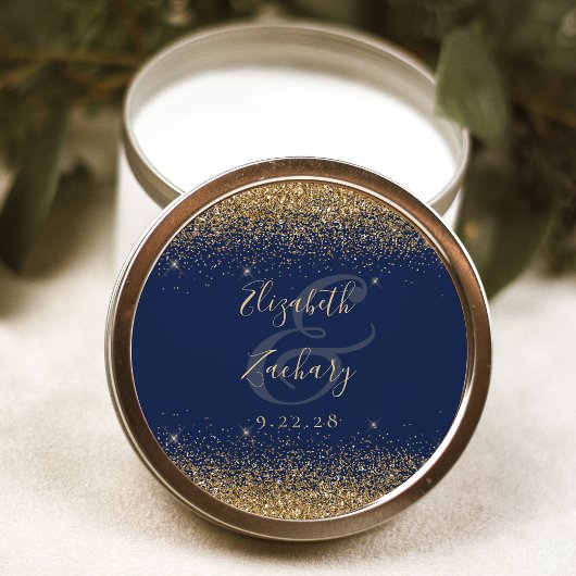 Gouden Glitter Script Navy Blue Wedding Ronde Sticker