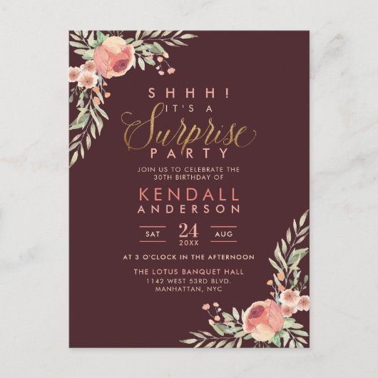 Gouden Glitter Script Rozen Verrassing Verjaardags Uitnodiging Briefkaart (Voorkant)