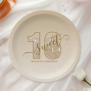 Gouden Glitter Script Sweet 16 Verjaardag Papieren Bordje